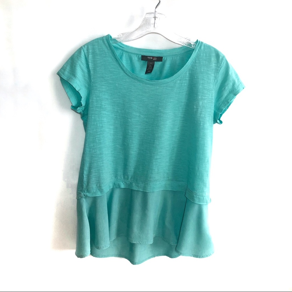 Style & Co. mixed media peplum aqua top size P/S
